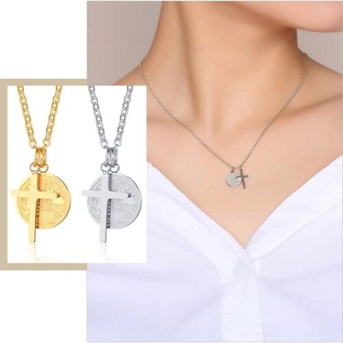 Classic Cross Necklace for Women,Stainless Steel Elizabeth Coin Pendant,Gold Color Casual Girls Faith Jewelry