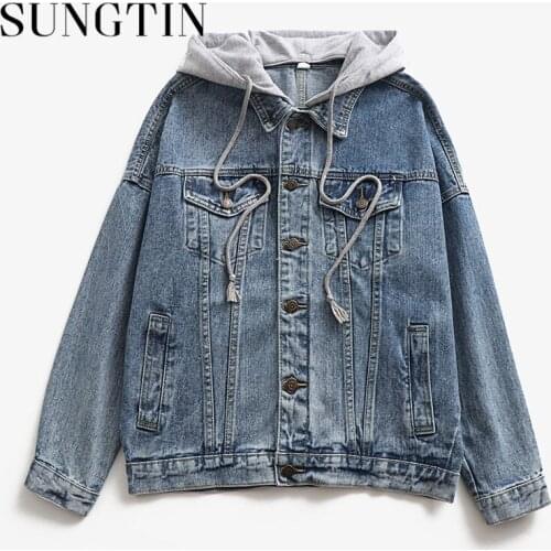Sungtin Korean Oversize Remove Hooded Denim Jacket Women Winter Loose Jean BF Overcoat Female Streetwear Autumn Vintage 2020 New