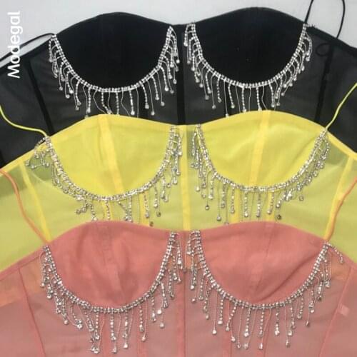 Modegal Womens Rhinestone Tassels Solid Color Spaghetti Strap Hook Sleeveless Slim Fit Camisole Crop Top