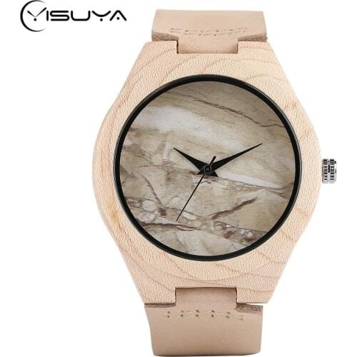 Mens Wristwatch Maple Wood Women Watch Genuine Leather Band Wood Watches Quartz Marble Dial Men Best Gifts Creative Item