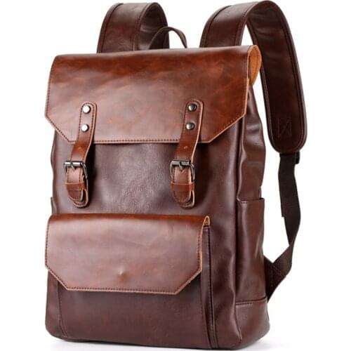 Men Vintage PU Leather Laptop Backpack Urban School Bag Popular Style Orange Bags and Shoulder Student Backpacks Bookbag 2021