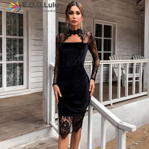 EDGLuLu 2021 New Summer Women Long Sleeve Lace Patchwork Velvet Dress Sexy Elegant Hollow Out Midi Evening Party Dresses 0306