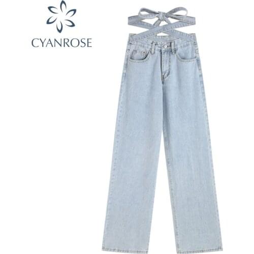 2021 New Autumn Vintage Jeans Woman Baggy Straight High Waist Bow Lace Up Trousers Female Loose Streetwear Y2K Punk Pants