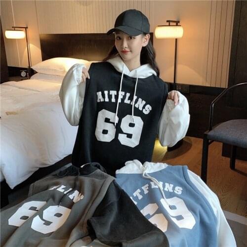 2021 New Womens Hoodie Korean Fashion Sweet Letter Printing Stitching Loose Fake Two-piece Hooded Pullover Long-sleeved Clothes