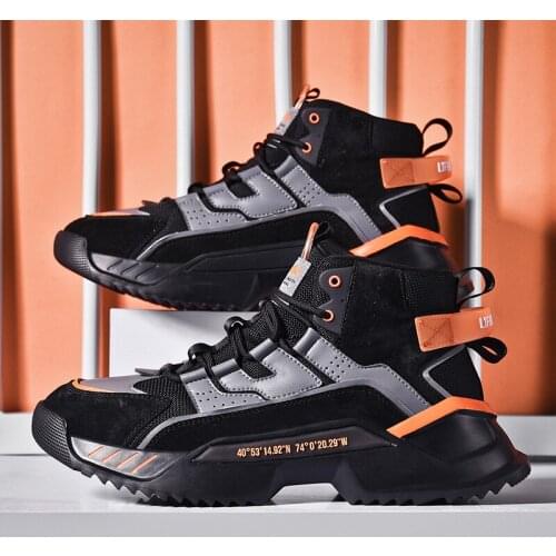 2021 Spring new style pigskin + mesh stitching trendy mens shoes breathable high-top fashion trend shoes