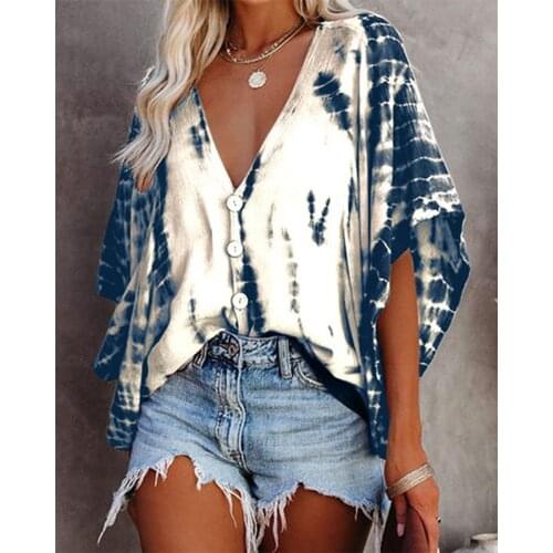 Summer New Fashion Lady Plus Size Womens Tie-Dye Flower Print Deep V-Neck Bat Short-Sleeved Casual Pullover Shirt Loose Button
