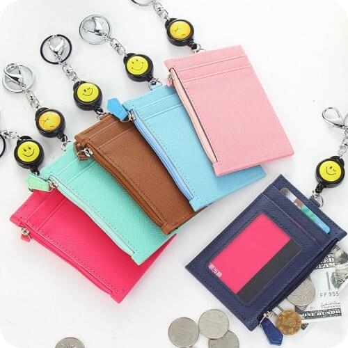 Solid color leather card holder wallet women credit bus ID cards pouch zipper coin purses keychain kid slim coin purse case