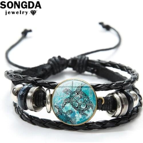 SONGDA Sea Turtles Braided Leather Bracelet Dolphin Starfish Dandelion Seahorse Blue Watercolor Painting Charm Bracelets Bangles