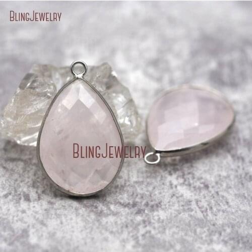 PM31876 19x29mm Sterling Silver Bezel Charm Pendant Rose Quartzs Pendant Pink Crystal Faceted Teardrop Charm