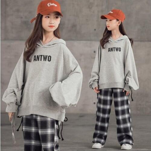 Girl Casual Tracksuit Sweatshirt Plaid Trousers Kids Outfit Clothing Set Children Long Sleeve Cotton Hoodie+Pants Free Shipping