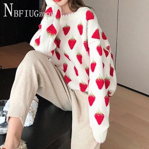 Pink And Red Strawberry Women Sweater Long Sleeve Round Neck Female Sweaters