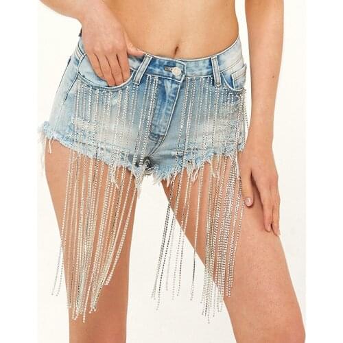 Sexy Fringe Denim Shorts Women Ripped Jeans Rhinestone Embellished Female Short Trousers Tassel High Street Clothing Plus Size