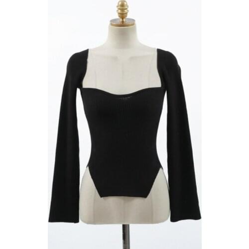 Women Sweater Solid Square Collar Knit Sweater Women South Korea Autumn/winterthickening Sexy & Club Short Pullovers
