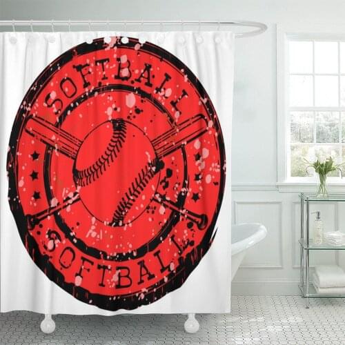 Abstract Black and Red Stamp Baseball Ball Crossed Bats Shower Curtain Waterproof Polyester Fabric 72 x 72 Inches Set with Hooks