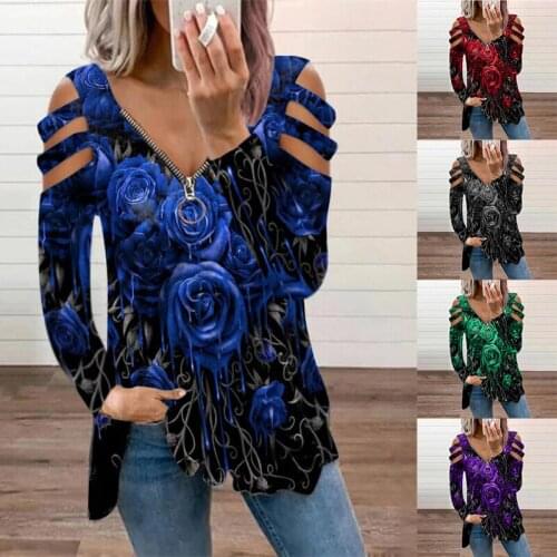 Autumn and Winter Womens Rose Print Hollow Out Long Sleeve T-shirt V Neck Zipper Sexy Tops Ladies Casual Loose Pullover Shirt