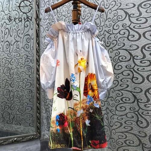 SEQINYY 100% Cotton Dress Summer Spring New Fashion Design Women Runway High Quality Painting Flowers Vintage Print Strapless