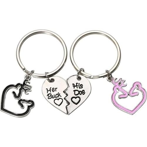 2 Pcs Romantic Her Buck His Doe Key Ring Deer Heart Couple Keychain Bag Decor