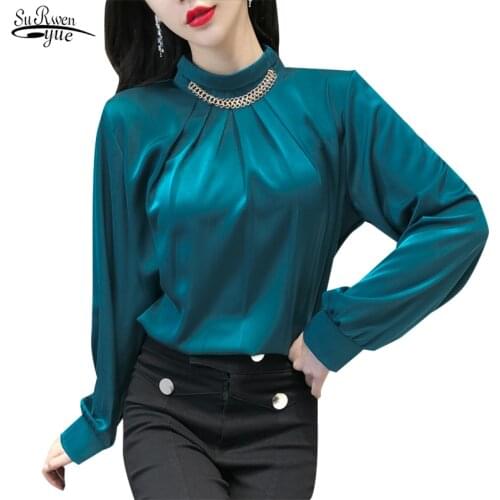 2021 Solid Chiffon Blouse Women Office Lady Stand Collar Shirts Women Long Sleeve Elegant Plus Size Female Tops Blusas 13027