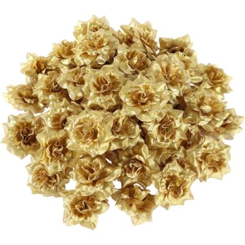 VORCOOL 50pcs Silk Rose Flower Heads for Hat Clothes Album Embellishment 4.5CM (Golden)