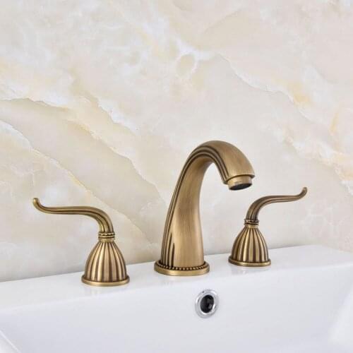Antique Brass 3 Holes Widespread Bathroom Basin Faucet Deck Mounted Vessel Sink / Bath Tub Dual Handle Mixer Taps
