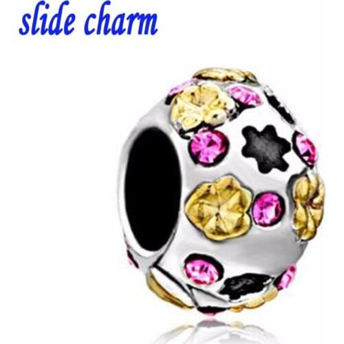 Free shipping New European and American fashion personality gift of pink crystal and gilded floral fit Pandora bracelet