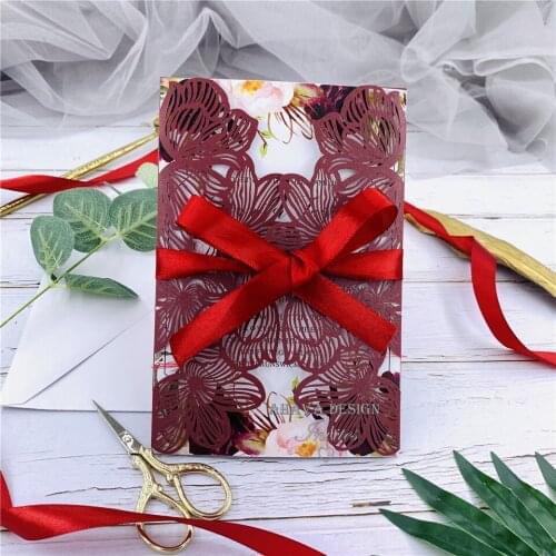 Burgundy Laser Cut Warp with Burgundy and Blush Floral on Invitation-Geometric Garden