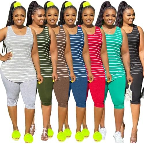Chiclover Plus Size Women Clothing Wholesale Items Lounge Set Casual Striped Two Piece Set Vest and Knee Length Pants Loungewear