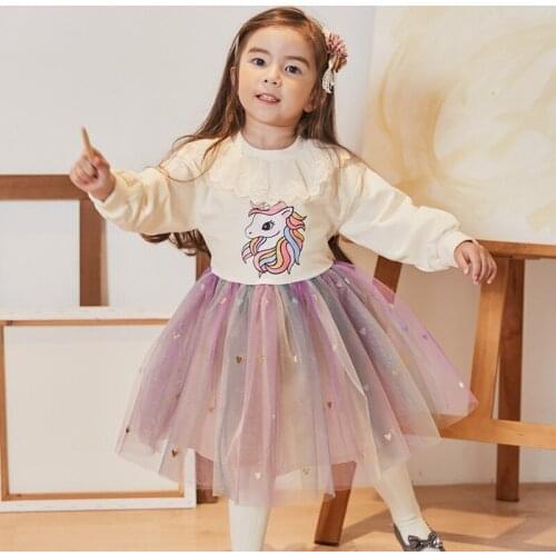 Childrens Dress 2020 Autumn Winter New Cartoon Girls Dresses Girls Sweater Stitching Mesh Princess Dress Kids Clothes 3-8 Years