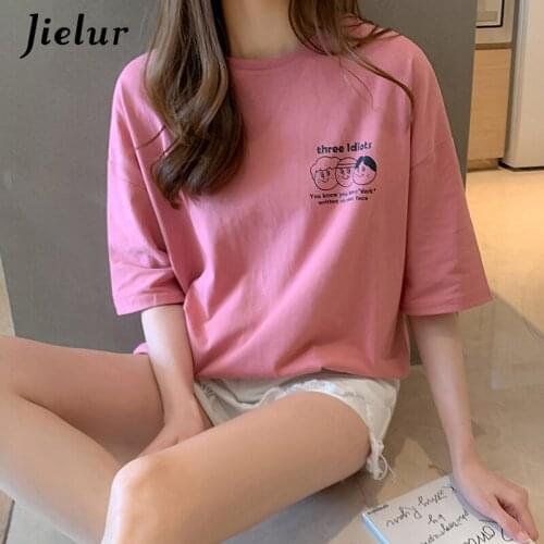 Jielur Basic Summer Tee Shirt Women Short Sleeve Green Pink Cotton T-shirt Female Cartoon Print M-XXL BF College Woman Clothing