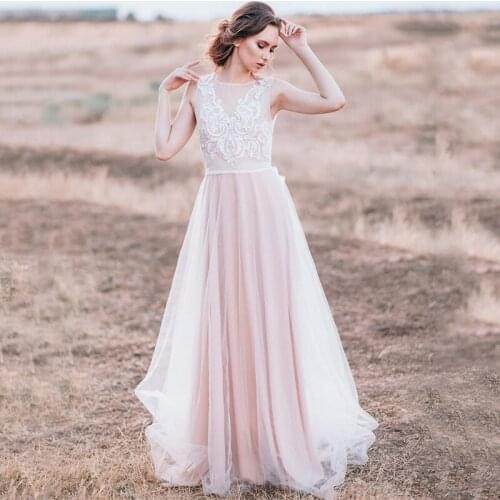 Scoop Appliques Lace Sleeveless Buttons Mix Color Tulle A-Line Wedding Dress 2021 Vestido De Noiva Bridal Gown