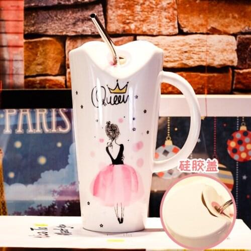 FSILE Cup Creative Personality Trend Mug with Lid Spoon Large Capacity Female Straw Office Fashion Breakfast Cute Girly Heart