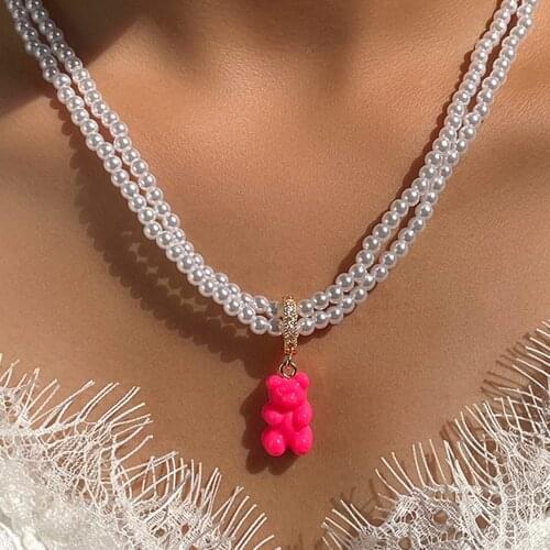 Sweet Imitation Pearls Smiley Cross Beaded Necklace For Women Mushroom Little Bear Handmade Bead Choker Bohemian Girls Jewelry