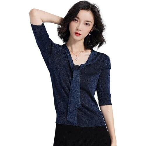 New Womens Knitted Tees Female Korean Elegant Short-sleeved V-Neck Bow Streamers Tencel Shiny Rayon Slim Tops Fashion Simple