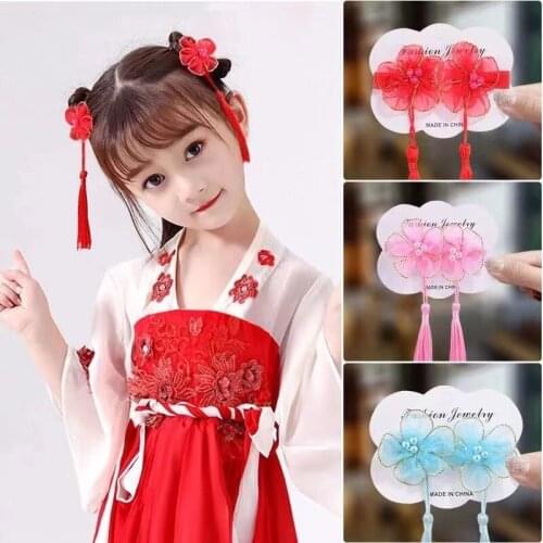 One pair of 2 childrens costume pearl headdress girl hairpin girl antique tassel ribbon clip