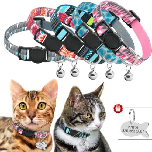 Quick Release Cat Collar With Bell Personalized Kitten Collar Breakaway Cats Safety Necklace Free Engraved Fish ID Tag Nameplate