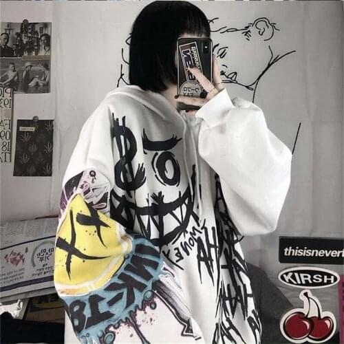 The New Hooded Sweater Student Korean Version Of The Trendy Loose Round Neck Harajuku Loose Bf Wind Letter Smile Graffiti Print