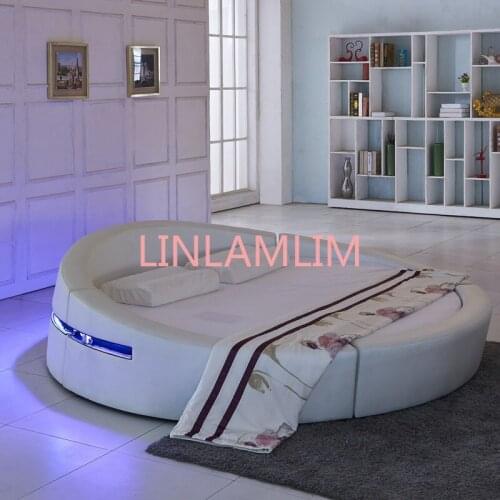 Smart bed frame camas bedroom set furniture кровать двуспальная lit beds سرير LED light round genuine leather bed + mattress
