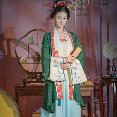 XinHuaEase Hanfu Womens Dresses Ancient Chinese Style Folk Traditional Song Dynasty Beizi Cardigan Waist Length Pleated Skirt