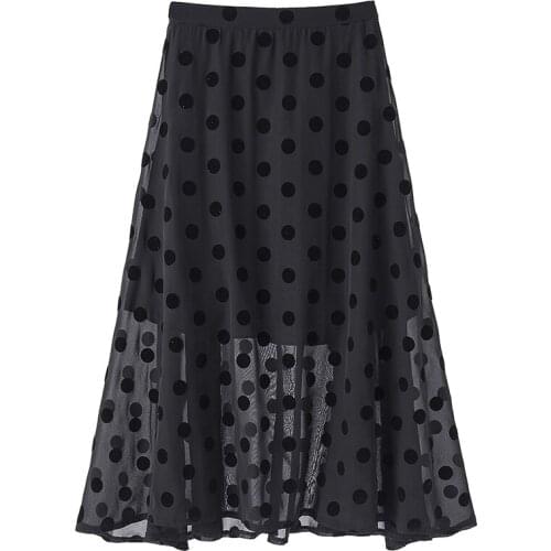 PERHAPS U Black Polka Dot A Line Chiffon Midi Skirt Empire Summer Casual Summer S0075