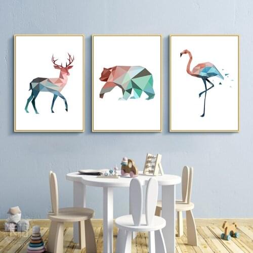 Yumeart Geometric Deer Bear Flamingo Animal Canvas Painting Nordic Anime Poster Print Art Wall Pictures Kids Bedroom Home Decor