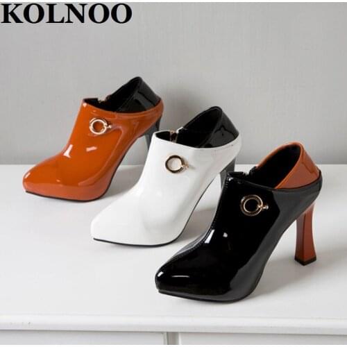 KOLNOO New Handmade Ladies Chunky Heels Pumps Patchwork Patent Leather Evening Party Prom Three Colors Daily Wear Fashion Shoes