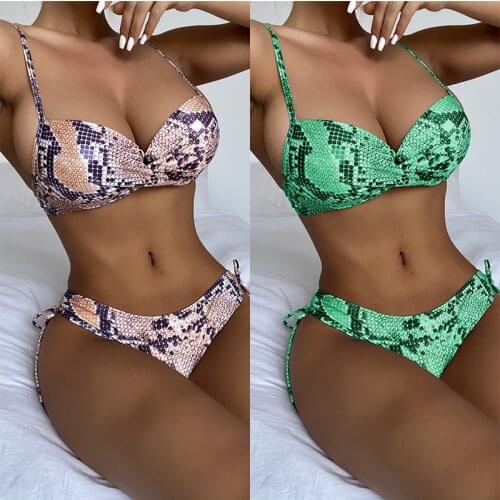 Sexy Snake Print Two-piece Bikini High Waist Knotted Ladies Swimsuit Bodysuit Printed Beach Push Swimwear Underwire Thong Bikini