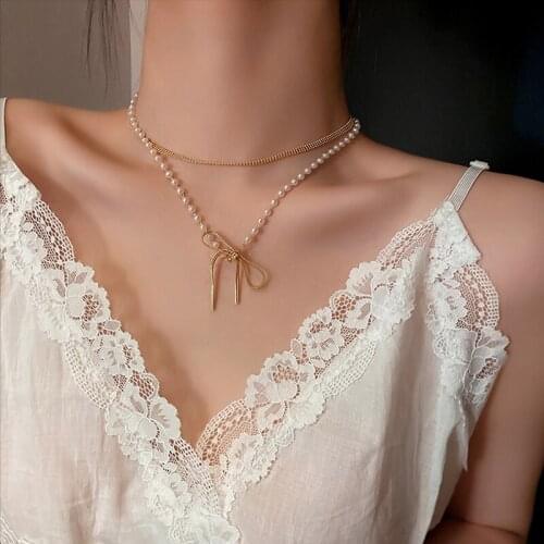 Bow-Knot Pendant Pearl Necklace For Women Multi-layer Silver Color Stars Geometric Heart Pendant Choker Jewelry 2021 New Trend