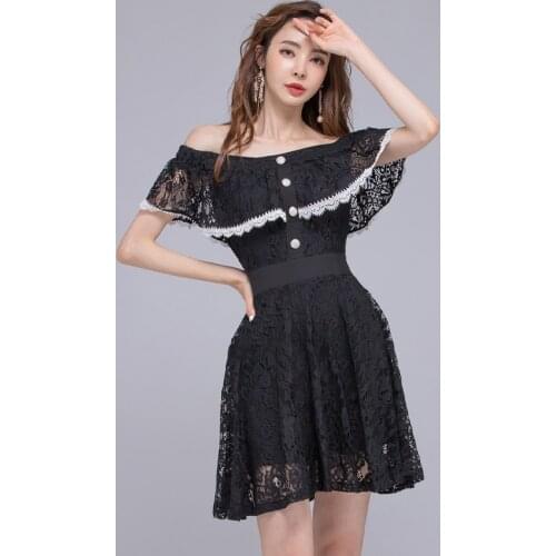 2021 Summer New Korean Style Women Elastic Slash Neck Lotus Leaf Shawl Slim Lady Button Lace Dress Ladies Black Party Dress