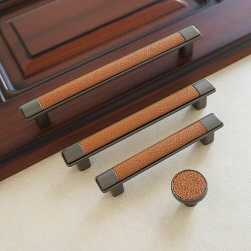 3.75" 5" 6.3" Brown Leather Door Handles Kitchen Cabinet Knobs Round Dresser Pull Zinc Alloy Wardrobe Closet Handle 96 128 160mm
