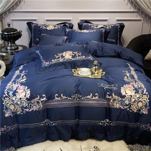 New luxury Royal 100S Egyptian cotton Embroidery Bedding sets Queen King Wedding Duvet cover Bed sheet set Pillowcases 4pcs Blue
