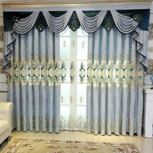 American Country-style Romantic Blue Embroidered floral Curtains Living Room Coffee Blackout Bedroom Rideaux Window Sheer Tulle