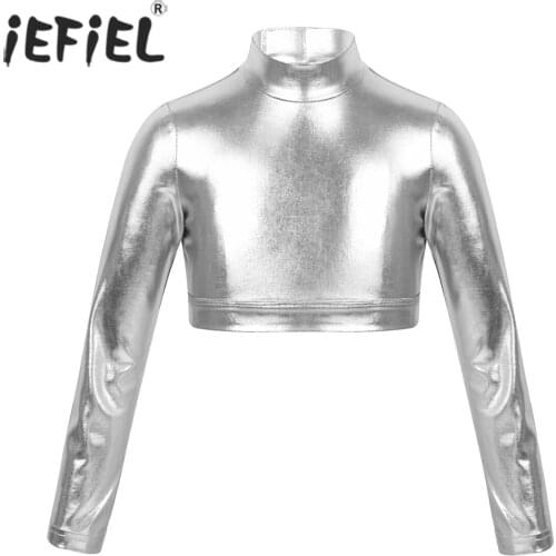 Kids Girls Ballerina Glossy Metallic Lyrical Dance Performance Tops Crop Top for Gymnastics Leotard Ballerina Dancing Costumes