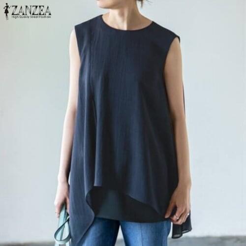 Elegant Asymmetrical Tunic Womens Summer Blouses ZANZEA 2021 Casual Sleeveless Tank Tops Female O Neck Solid Blusas Plus Size