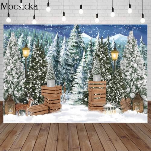 Winter Snow Scene Christmas Tree Photography Backdrop Xmas Pine Trees Wood Box Background Newborn Birthday Portrait Photo Studio